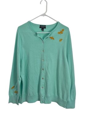 Lands' End Supima Cotton Embroidered Bee Cardigan 1X Mint Green Cottage Preppy